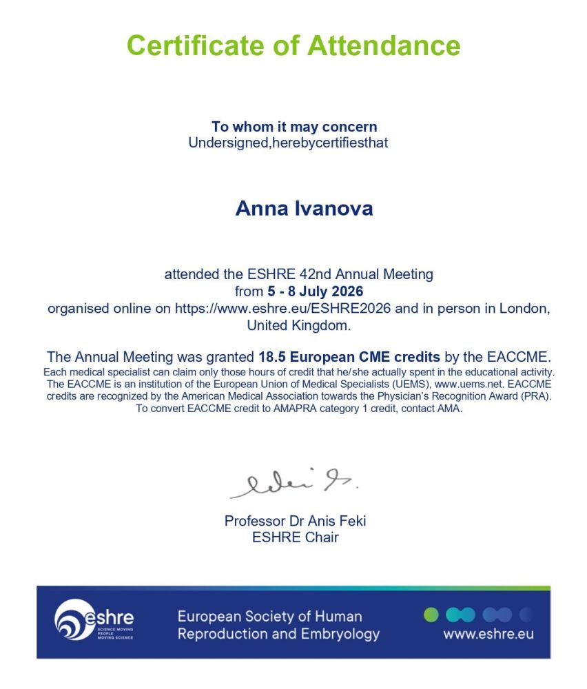 Anna Ivanova participó en la 42. Reunión Anual de la European Society of Human Reproduction and Embryology (ESHRE), celebrada del 5 al 8 de julio de 2026 en Londres, Reino Unido, en formato híbrido. El evento contó con la acreditación de EACCME y otorgó 18,5 créditos europeos de formación médica continuada (CME). Anna Ivanova participó en la 42. Reunión Anual de la European Society of Human Reproduction and Embryology (ESHRE), celebrada del 5 al 8 de julio de 2026 en Londres, Reino Unido, en formato híbrido. El evento contó con la acreditación de EACCME y otorgó 18,5 créditos europeos de formación médica continuada (CME).