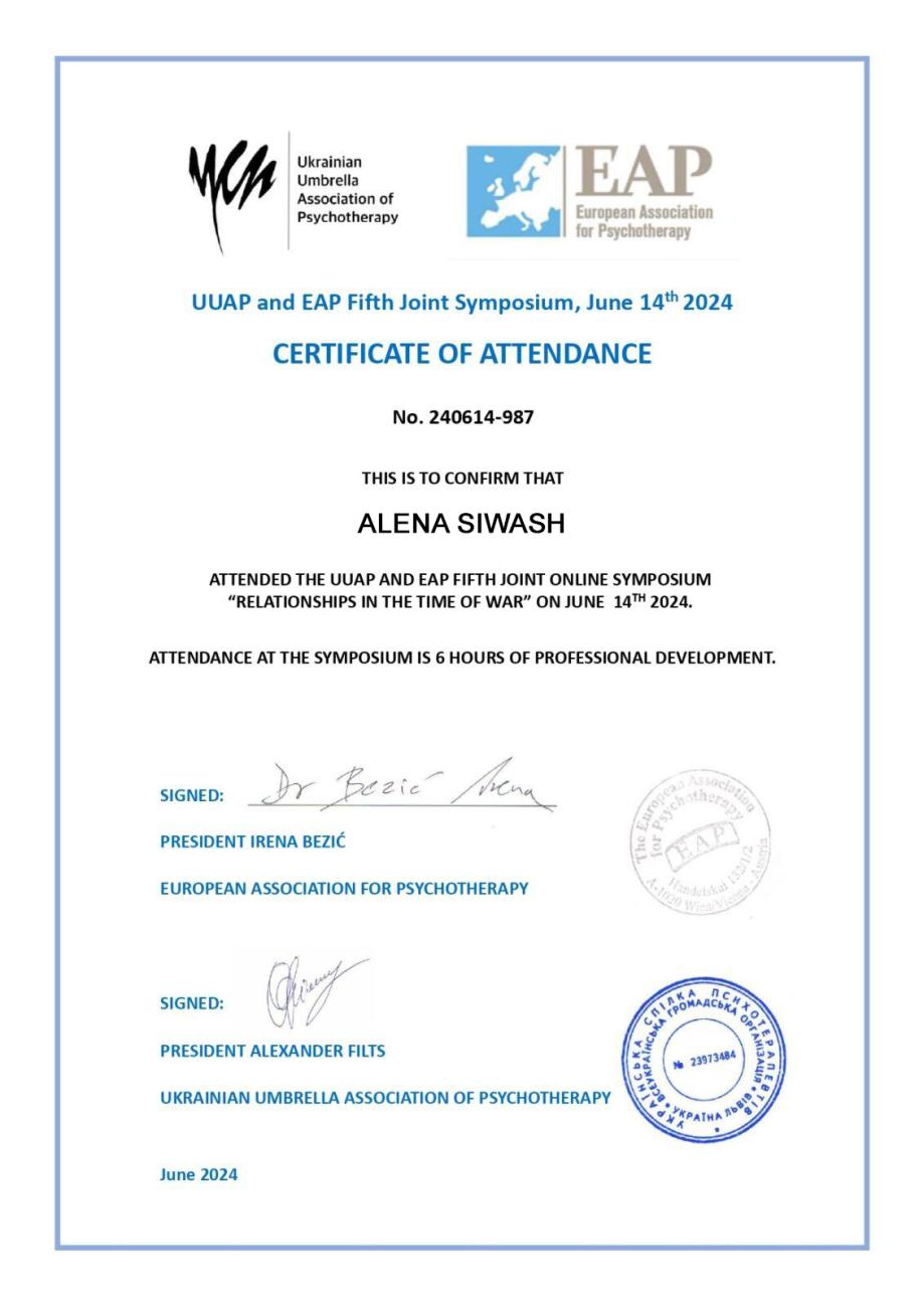 Certificado № 240614-987 de participación en el Quinto online Simposio Conjunto UUAP y EAP Certificado № 240614-987 de participación en el Quinto online Simposio Conjunto UUAP y EAP