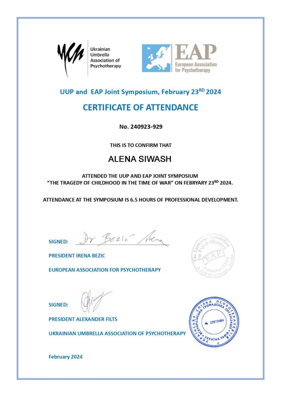 Certificado № 240923-929 de participación en el Quinto online- simposio de la UUAP y la EAP Certificado № 240923-929 de participación en el Quinto online- simposio de la UUAP y la EAP